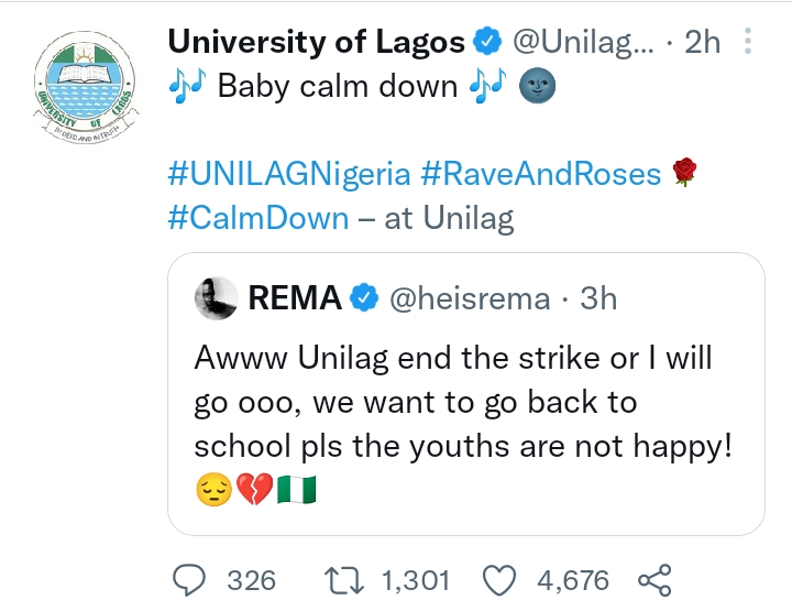 University of Lagos (UniLag)  reacts after Rema complained about ASUU strike delaying him from resuming school