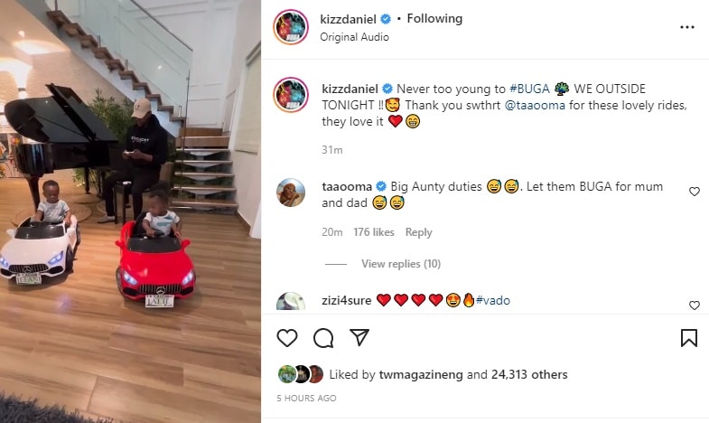 Comedian Taaoma gifts Kizz Daniel’s twin babies, brand new cars