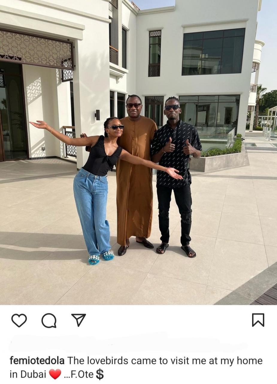 Femi Otedola receives his daughter, Temi, and her fiancé Mr Eazi in his Dubai mansion
