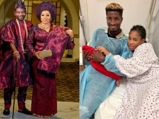 Mide Martins and husband, Afeez Owo react as Yetunde Barnabas shows off her newborn daughter